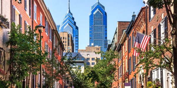 View of of South Smedley Street in Philadelphia with the downtown buildings in the background